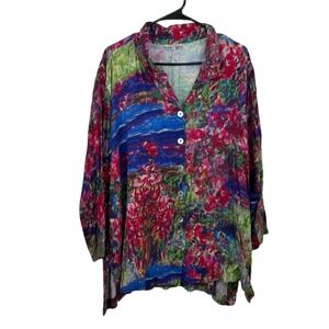 John Mark 2X Top Womens Multi Floral Abstract Long Sleeve Button Up Tunic Color